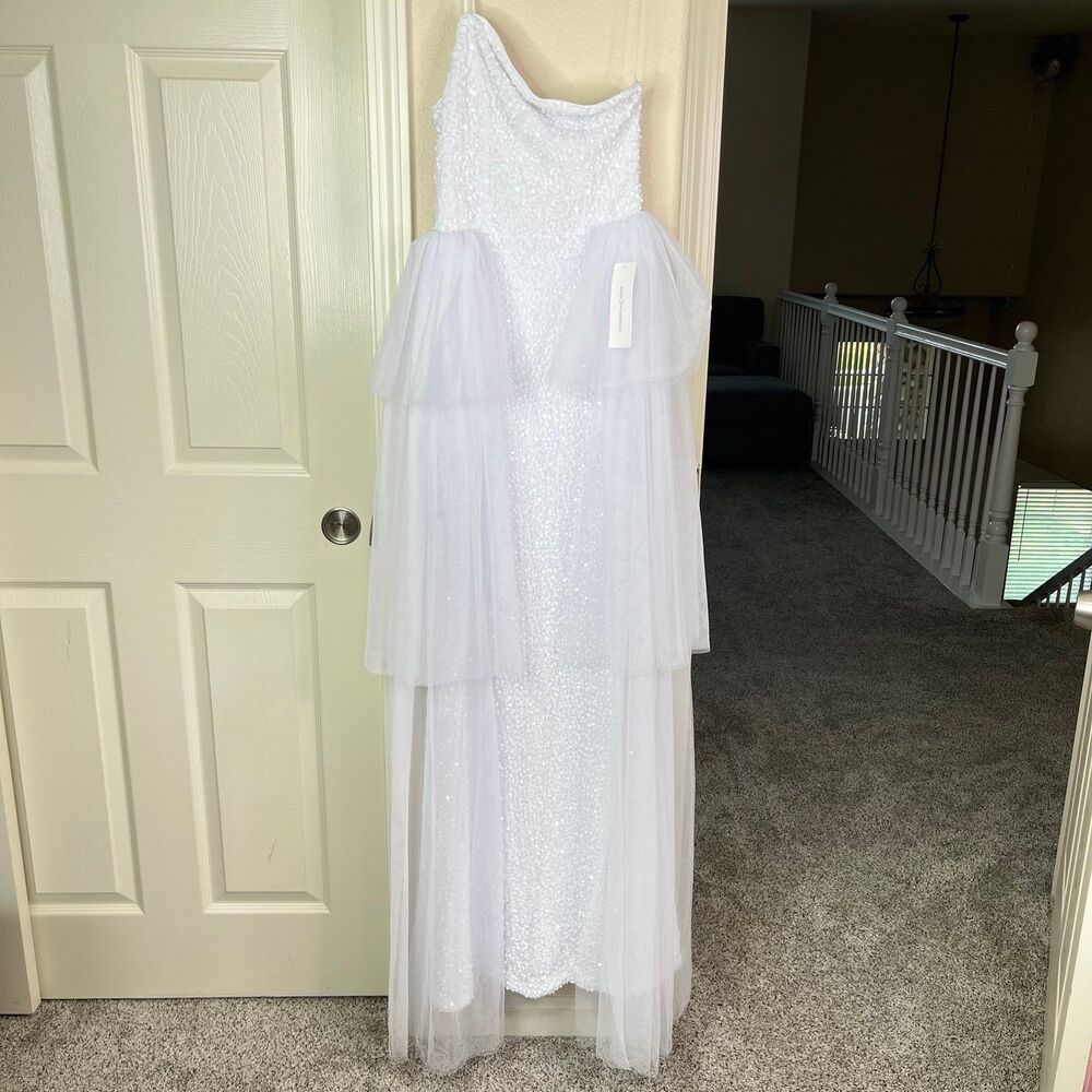 Women’s Elegant Sequins Ball Room Maxi Prom Party Mesh Dress White Size XS